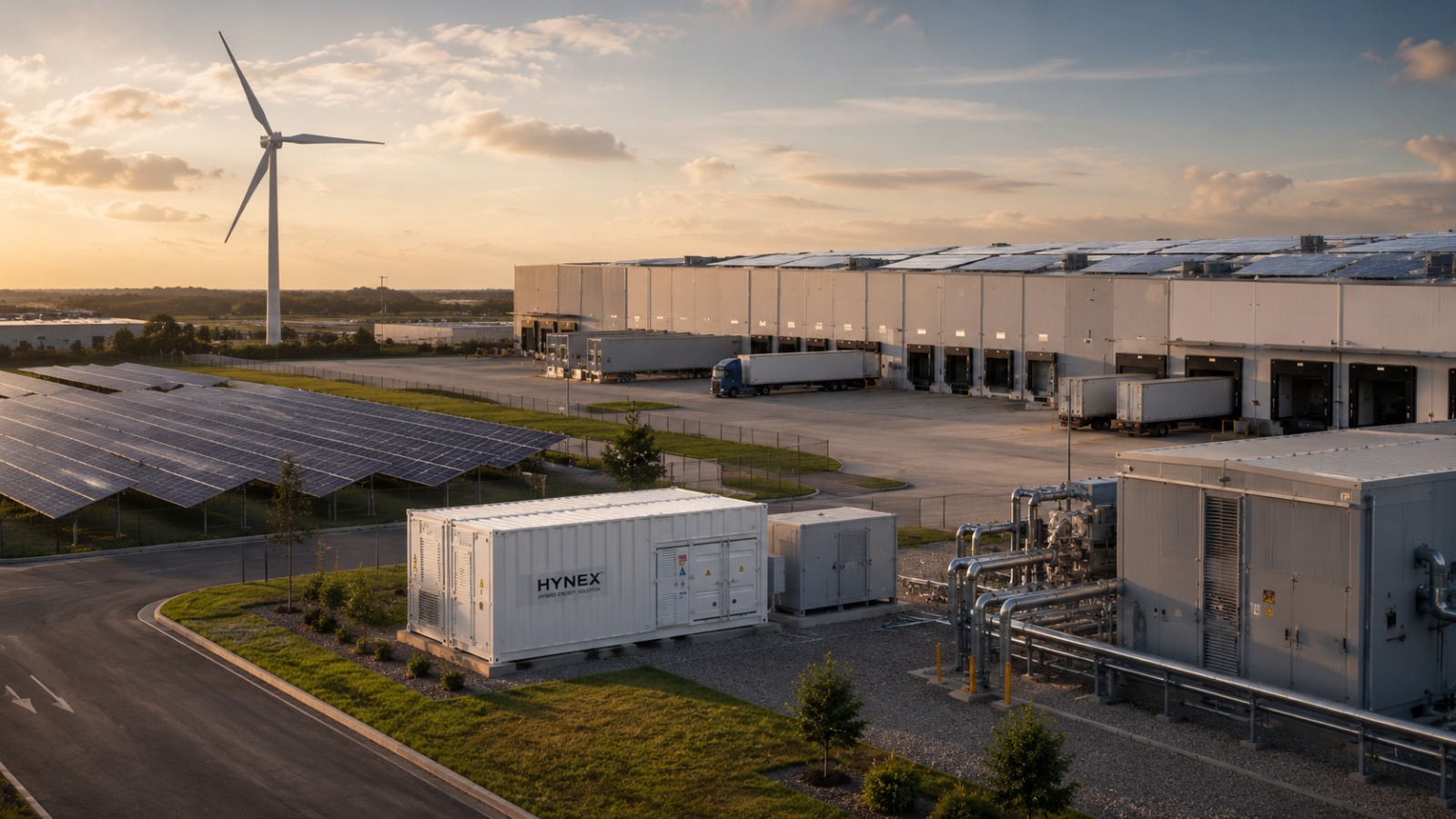 Sistema HYNEX containerizado integrado a centro logístico com solar e eólica