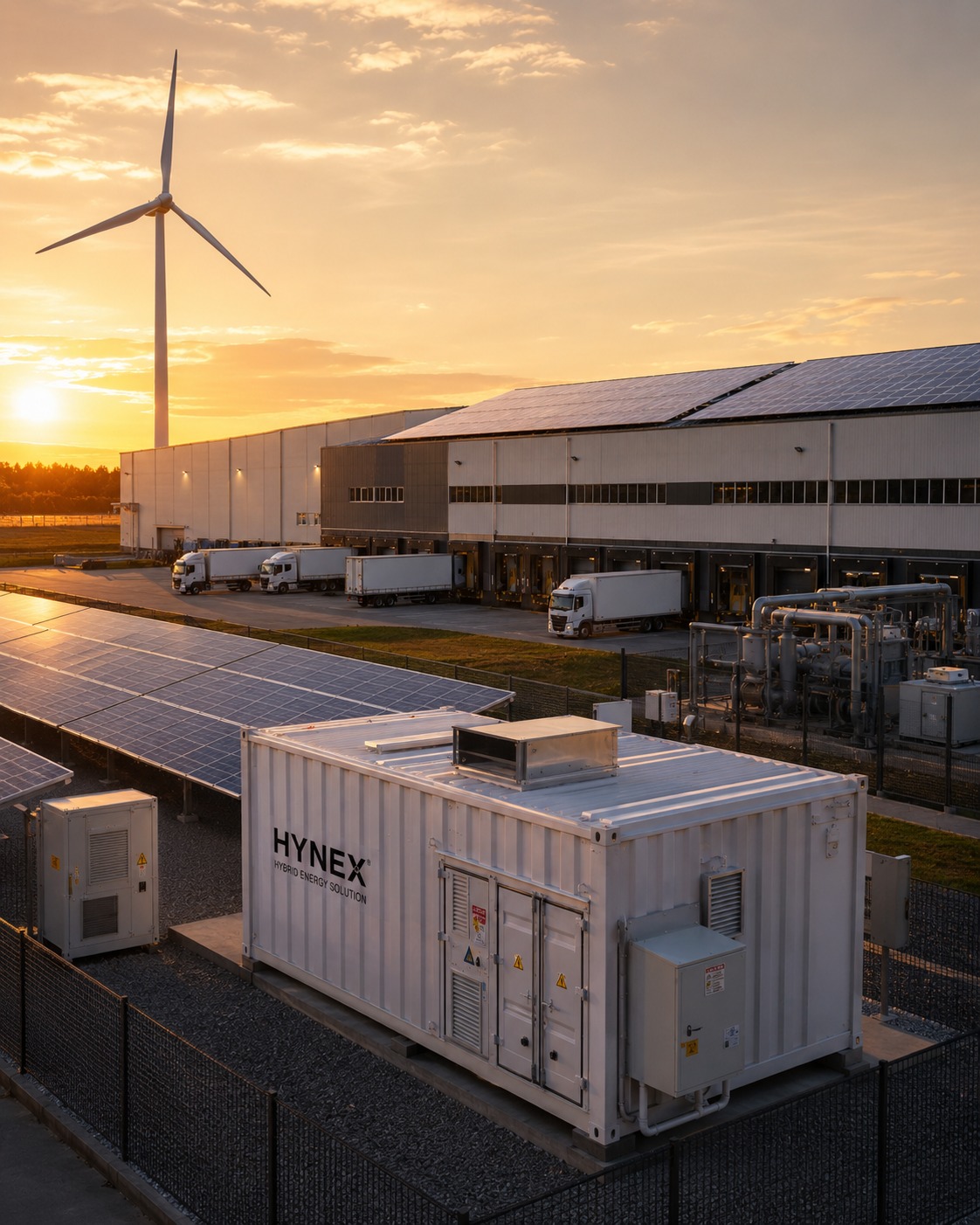 Contêiner HYNEX Hybrid Energy Solution em operação logística ao entardecer